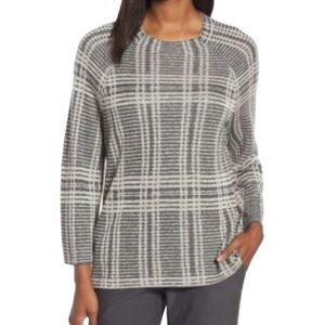 Eileen Fisher Ash Gray Sleek Tencel Merino Wool Plaid Knit Sweater Size XL 📦
